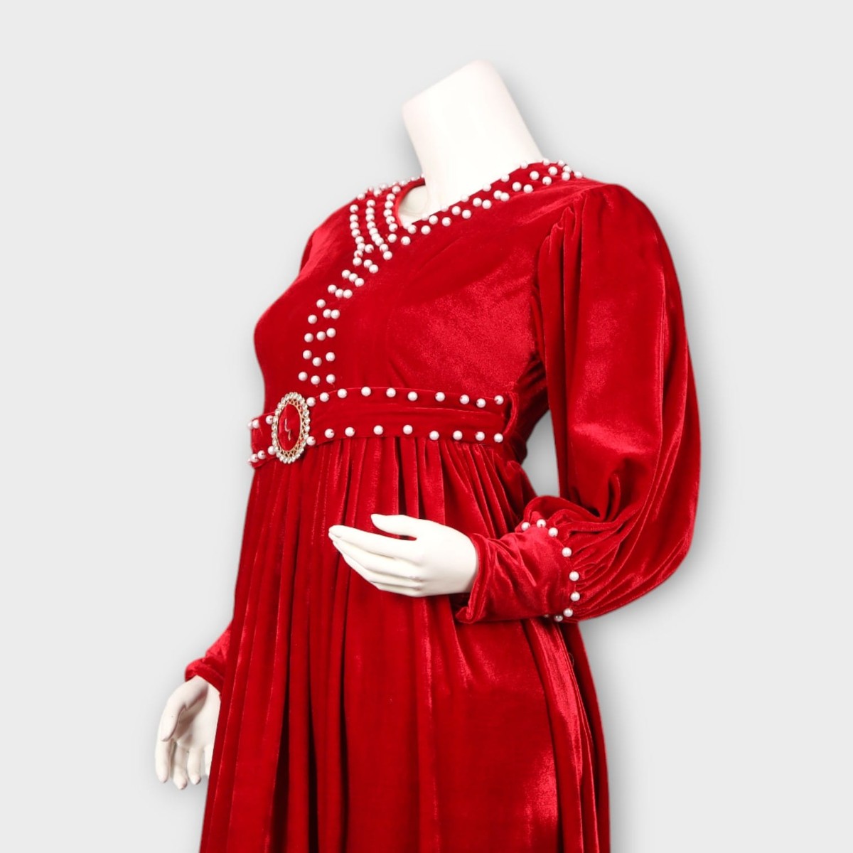 Elegant Red Velvet Dress with Pearl Detailing 1