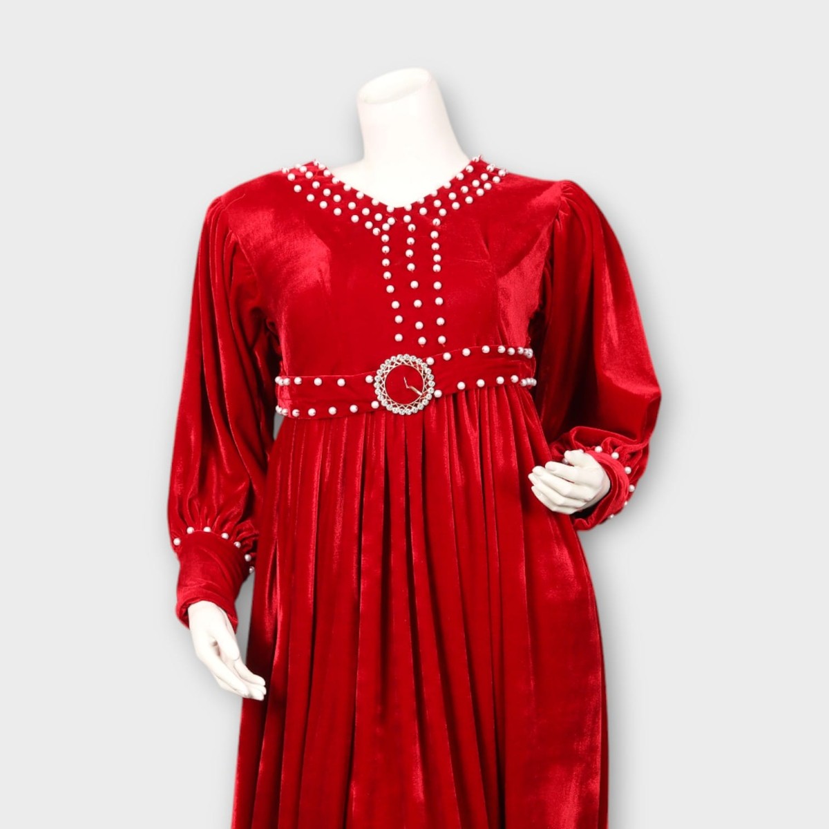 Elegant Red Velvet Dress with Pearl Detailing 4