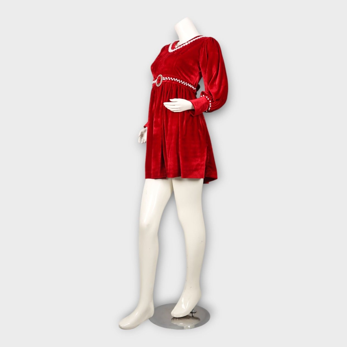 Red Velvet Dress with Pearl Belt and Sleeve Details 1