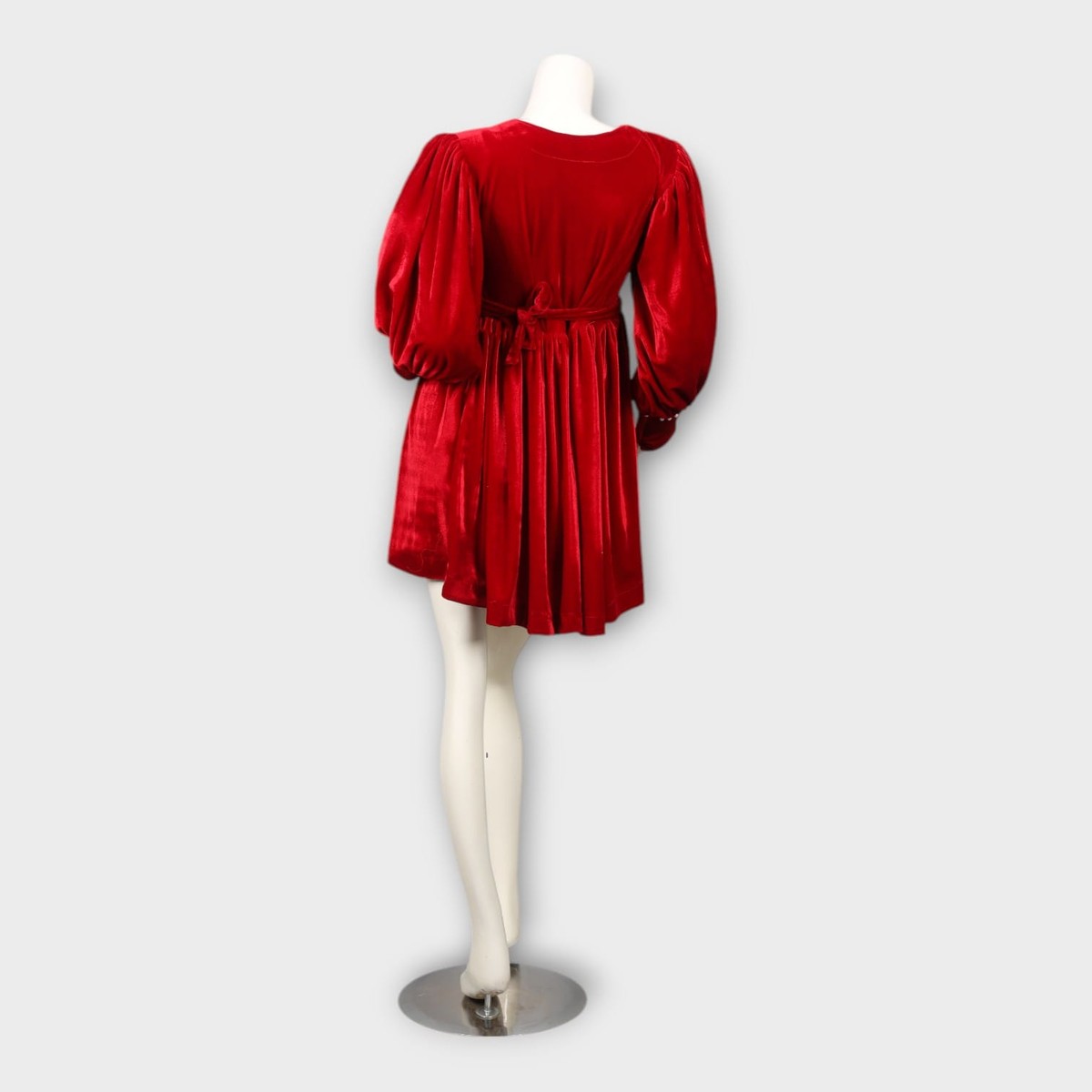 Red Velvet Dress with Pearl Belt and Sleeve Details 3