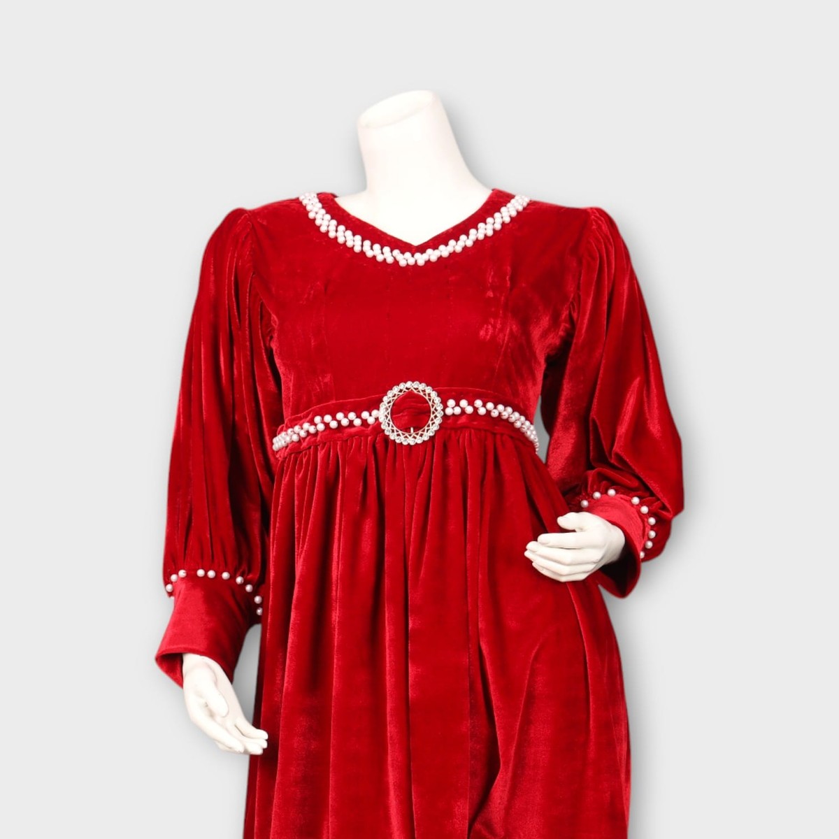 Red Velvet Dress with Pearl Belt and Sleeve Details 2