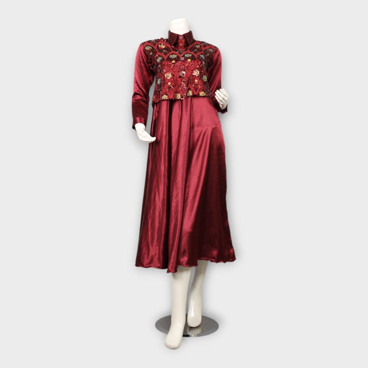 Maroon Silk Flared Dress with Embroidered Vest 1