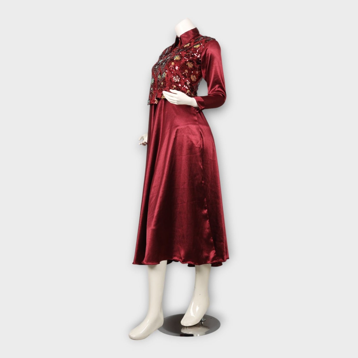 Maroon Silk Flared Dress with Embroidered Vest 3