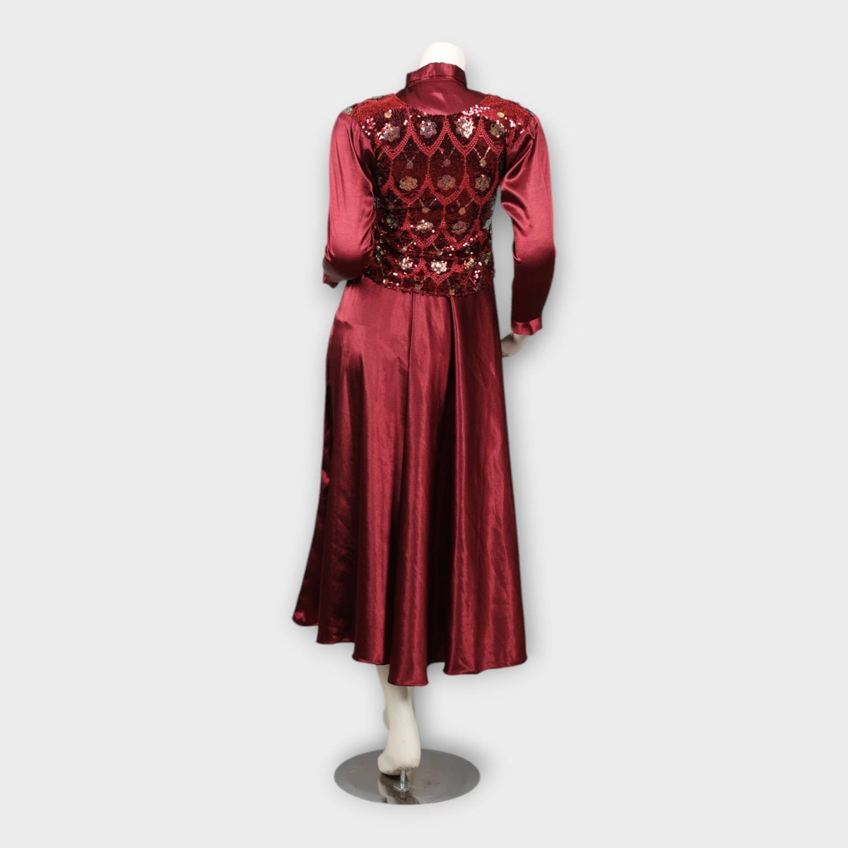 Maroon Silk Flared Dress with Embroidered Vest 5