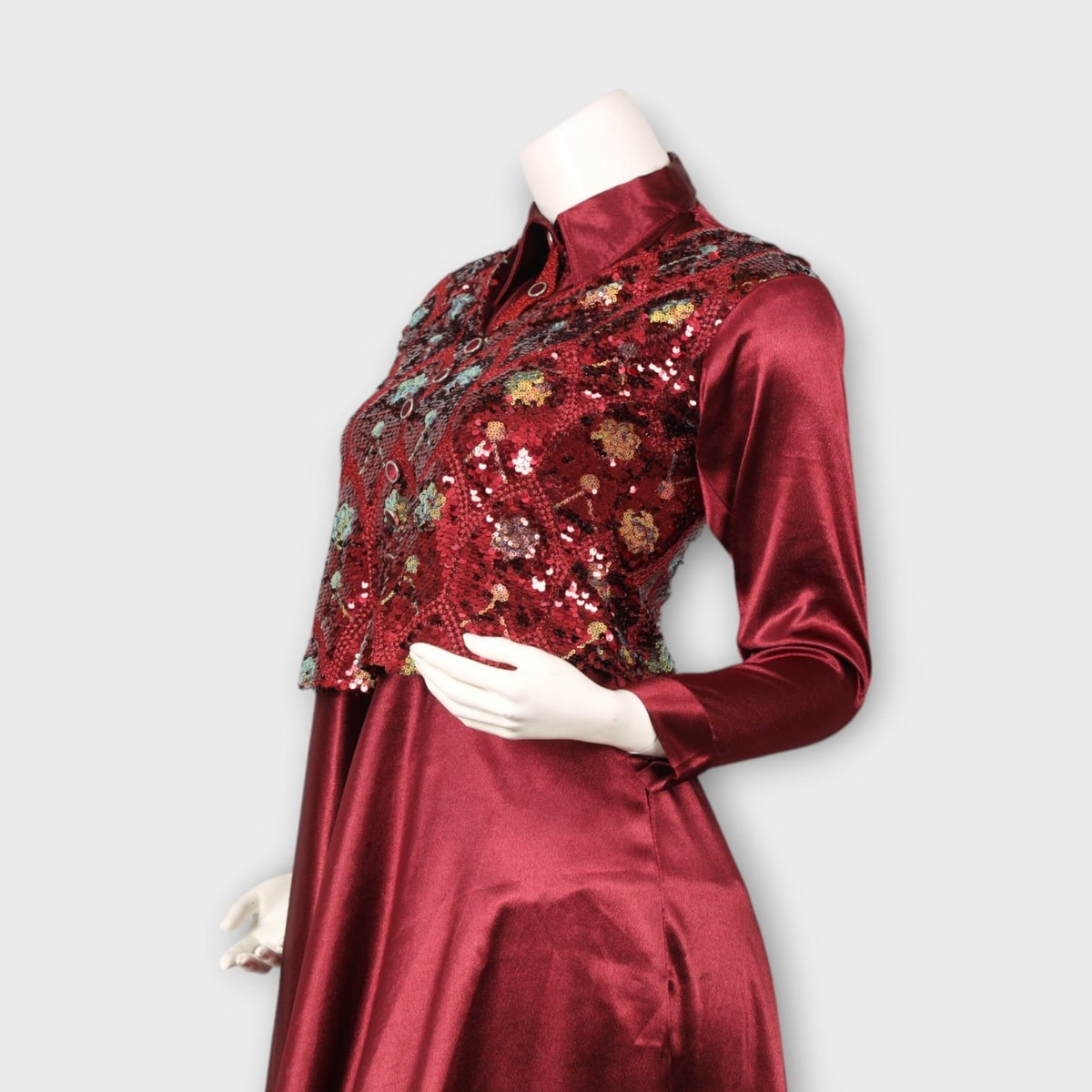 Maroon Silk Flared Dress with Embroidered Vest 4