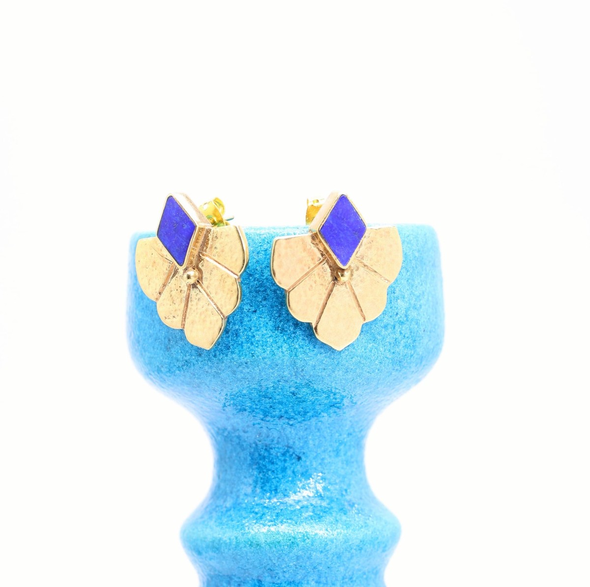 Handmade Gold Leaf Stud Earrings with Blue Stone – Elegant Artisan Jewelry 2