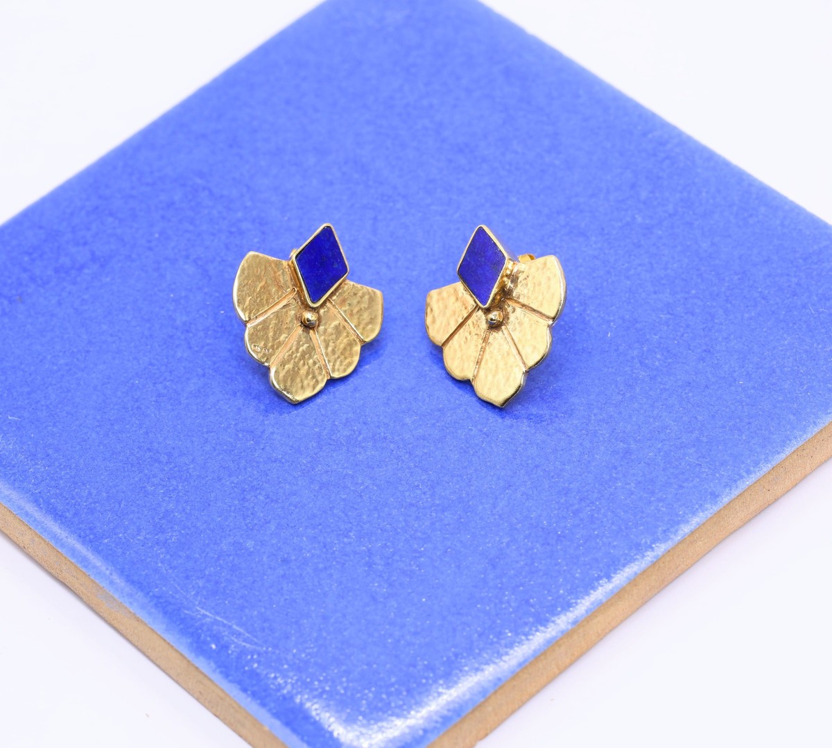 Handmade Gold Leaf Stud Earrings with Blue Stone – Elegant Artisan Jewelry 3