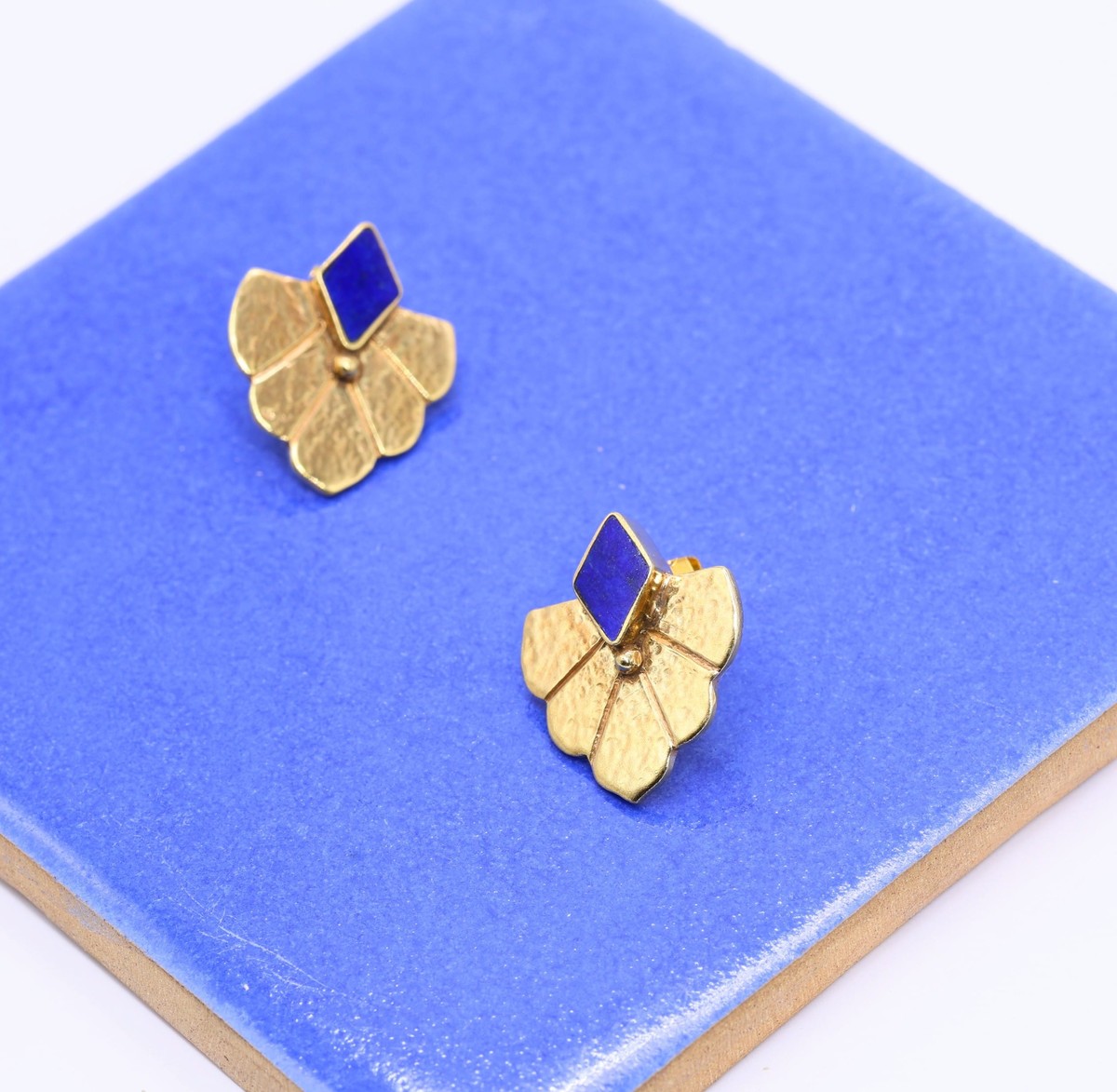 Handmade Gold Leaf Stud Earrings with Blue Stone – Elegant Artisan Jewelry 1
