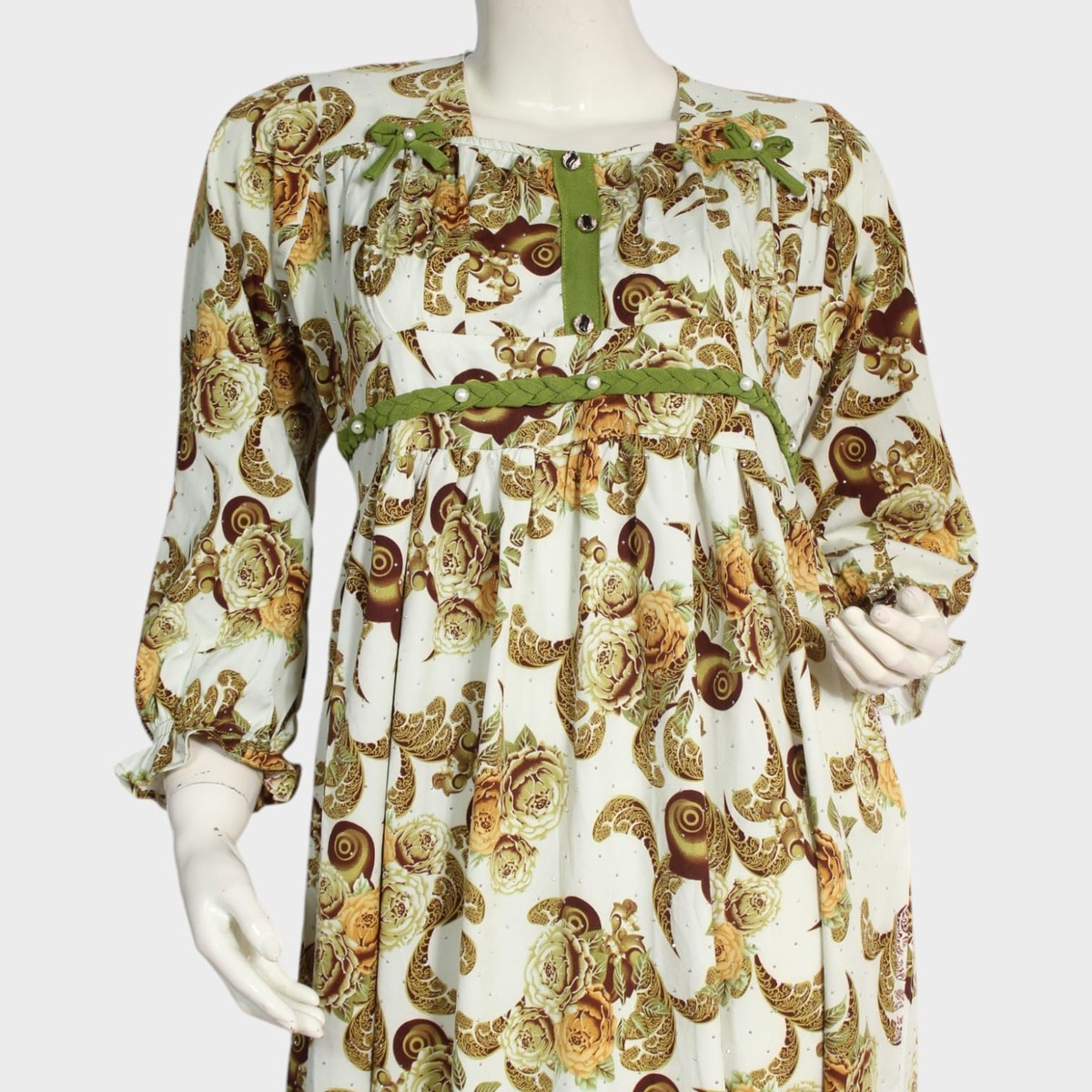 Cream & Olive Paisley Print Long Dress 3