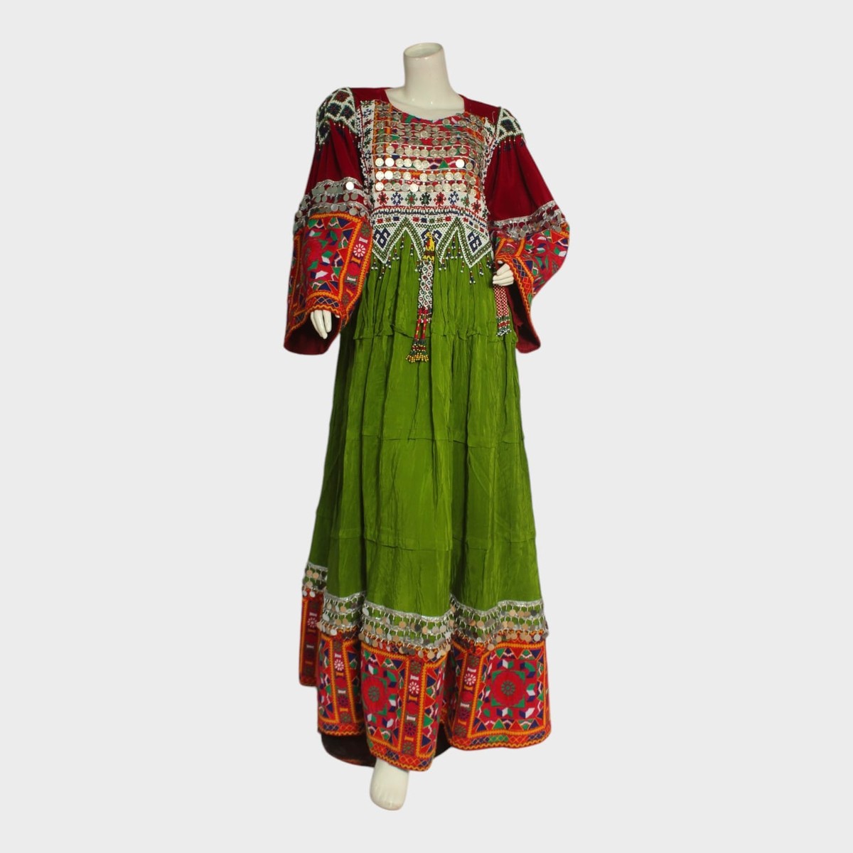 Afghani Nomadic Kuchi Dress – Hand-Embroidered Traditional Green and Red Dress 3