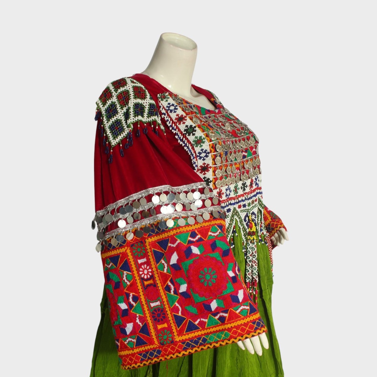 Afghani Nomadic Kuchi Dress – Hand-Embroidered Traditional Green and Red Dress 2