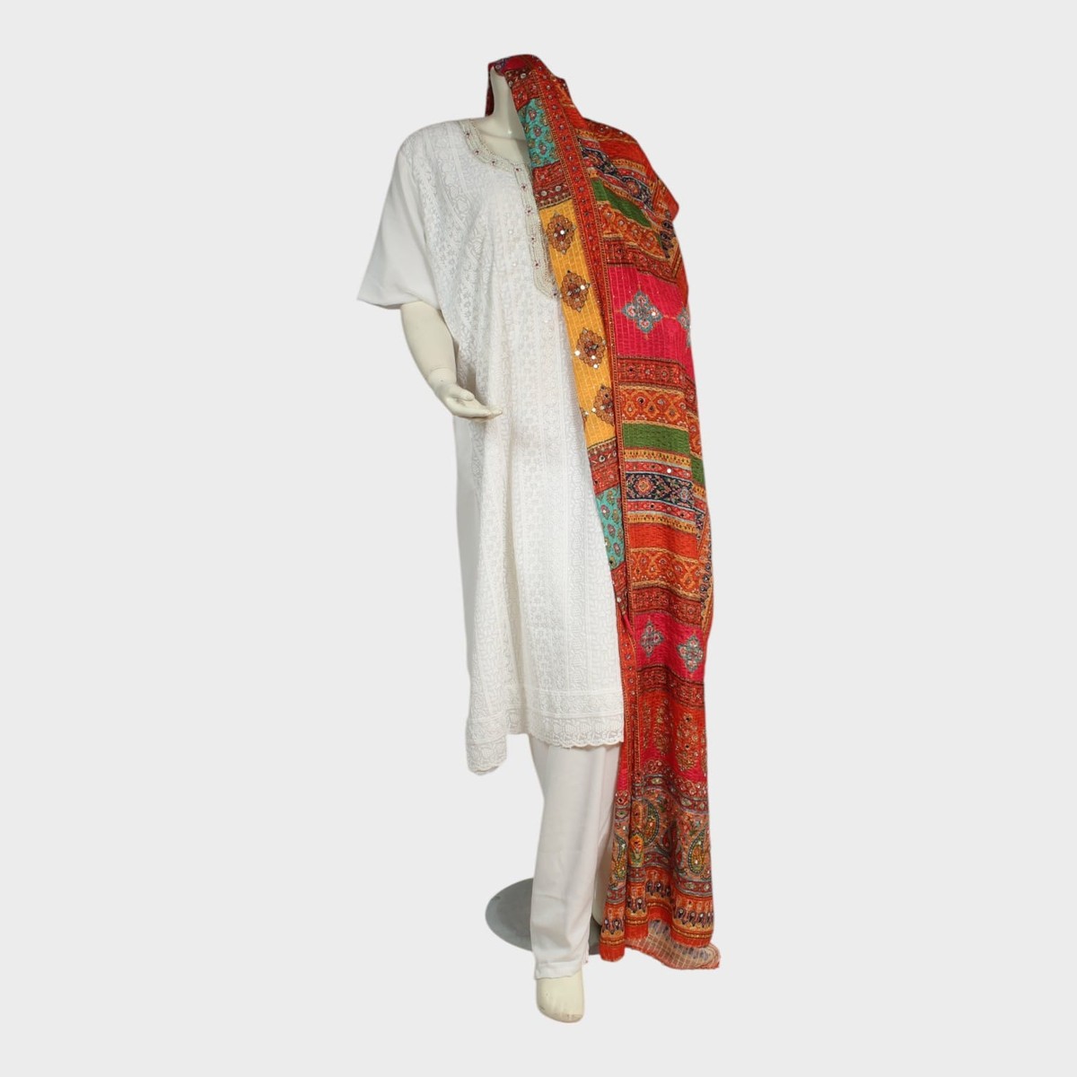 White Embroidered Afghan Kurta Set with Multicolor Traditional Shawl 2