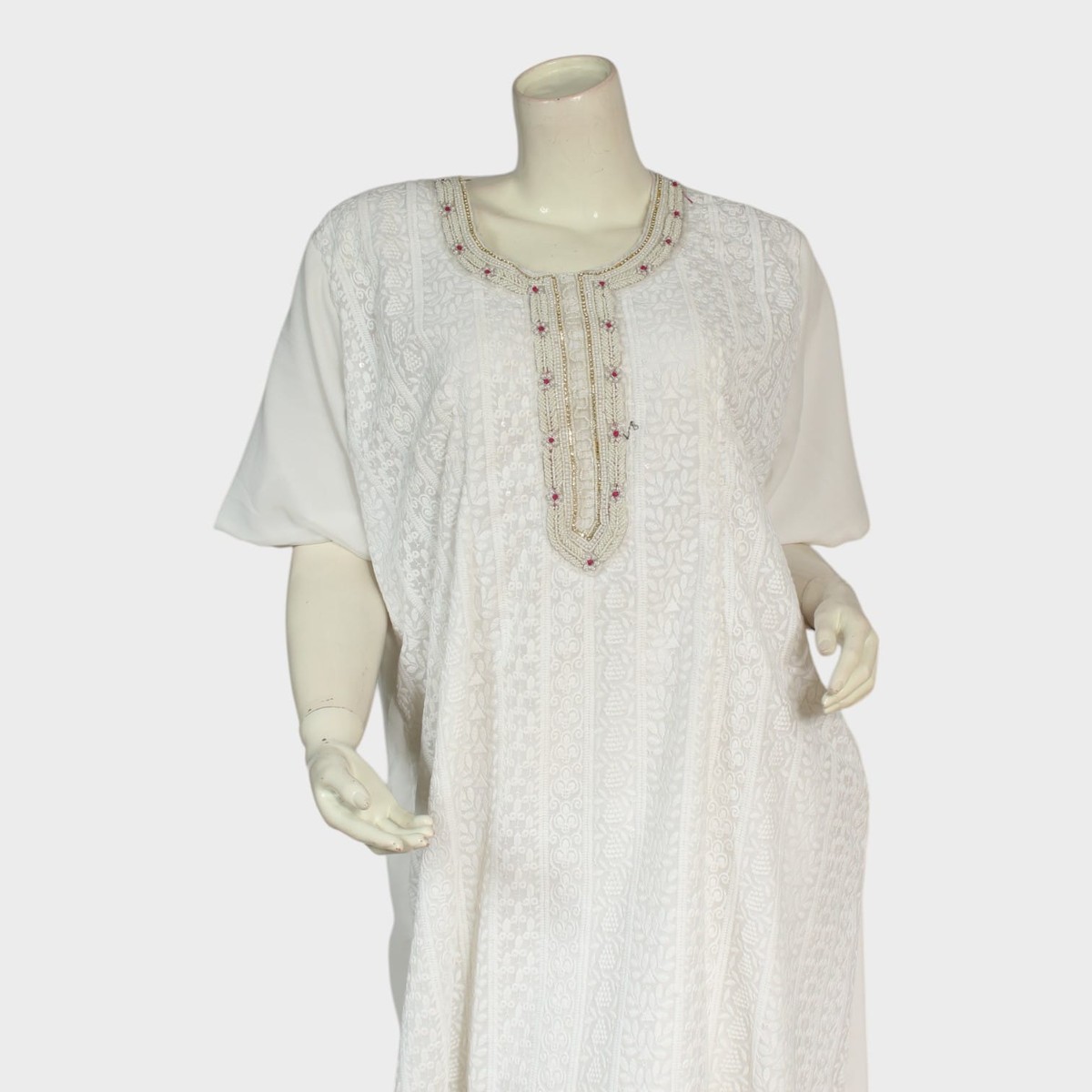 White Embroidered Afghan Kurta Set with Multicolor Traditional Shawl 3
