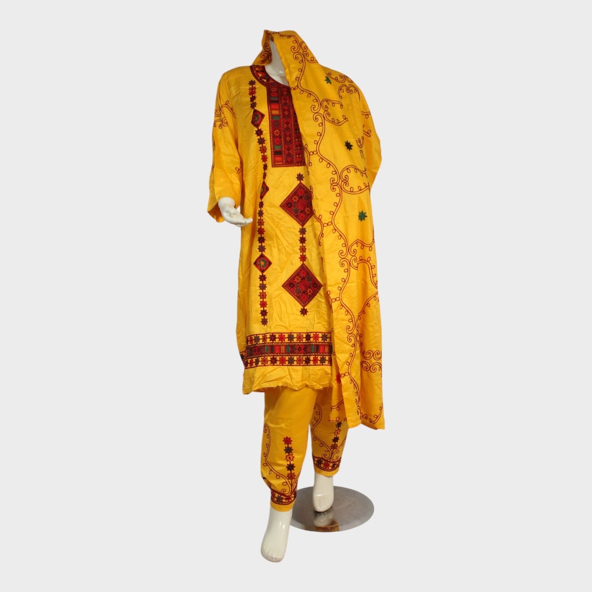 Golden Mustard Embroidered Afghan Kameez Set 2