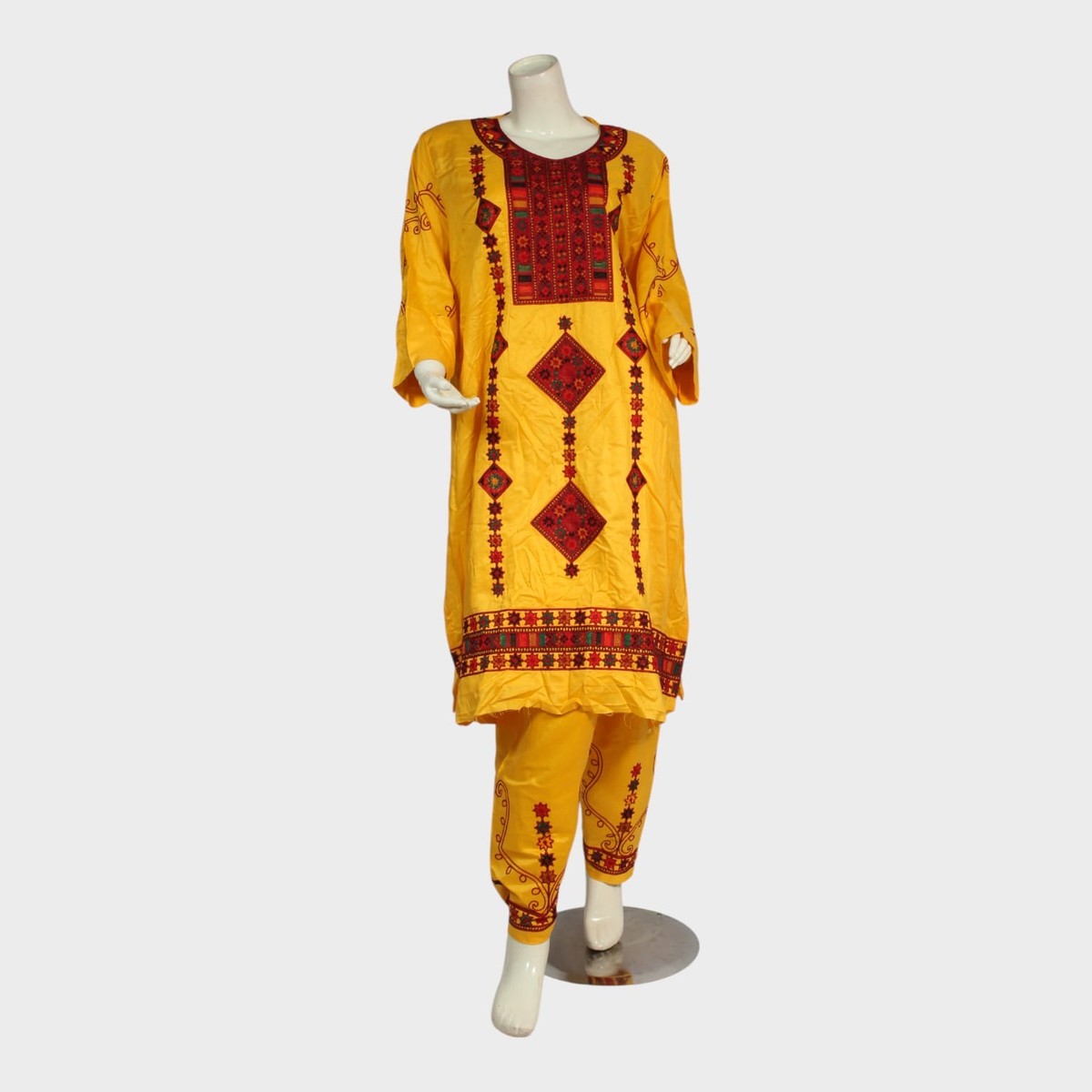 Golden Mustard Embroidered Afghan Kameez Set 3