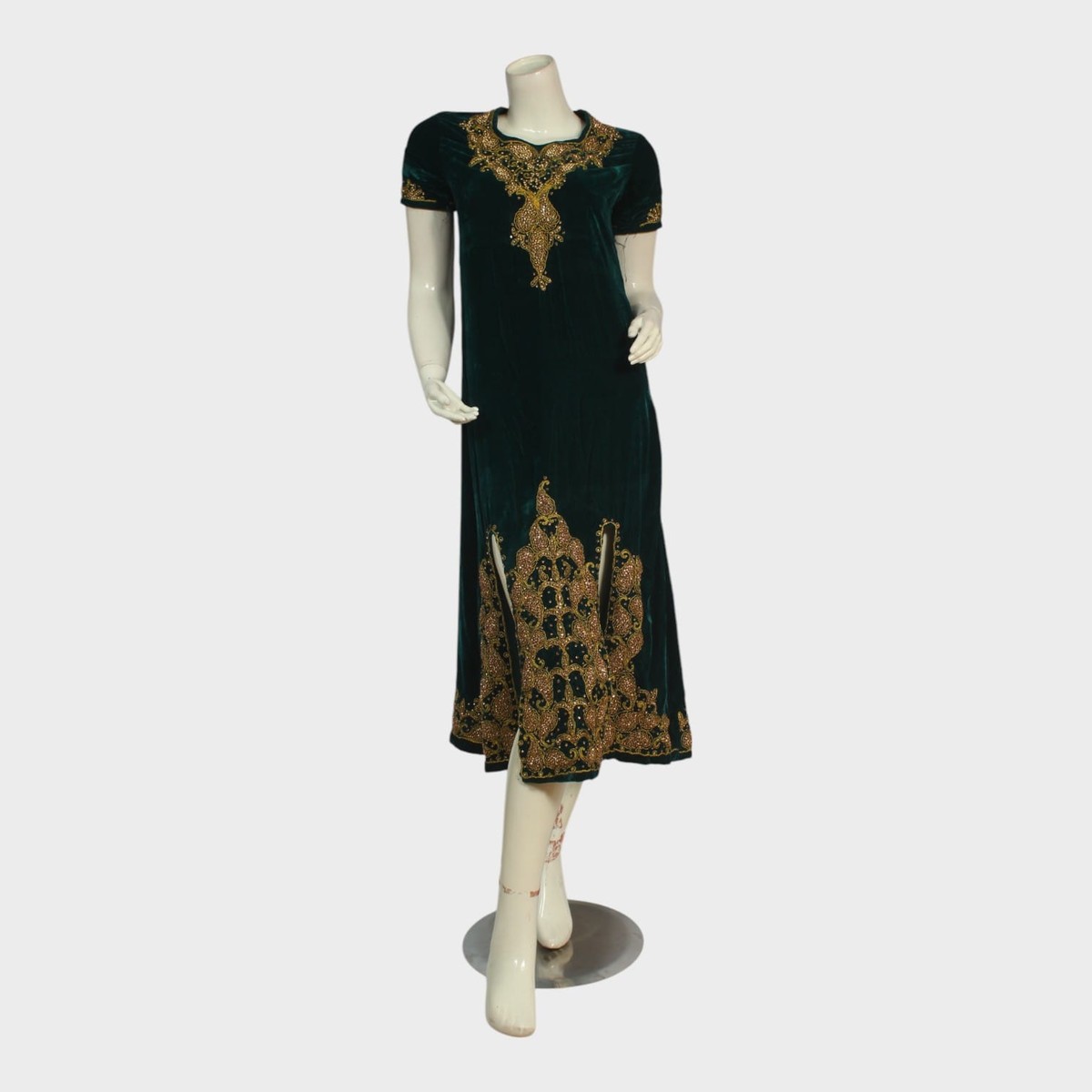 Emerald Green Velvet Dress with Golden Embroidery 2