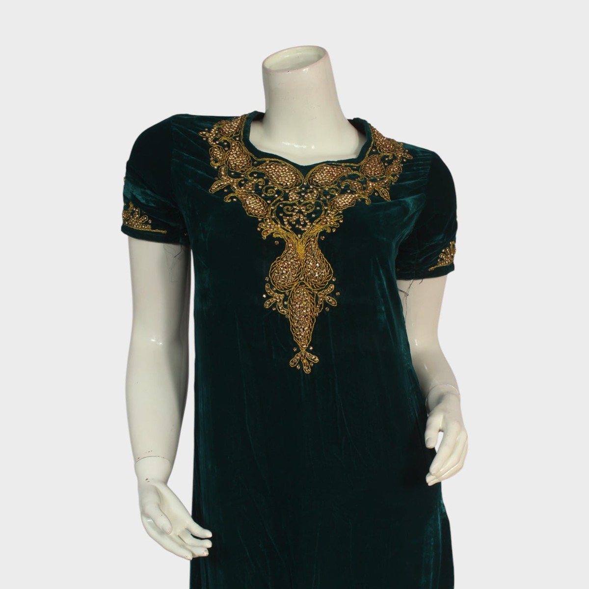 Emerald Green Velvet Dress with Golden Embroidery 1