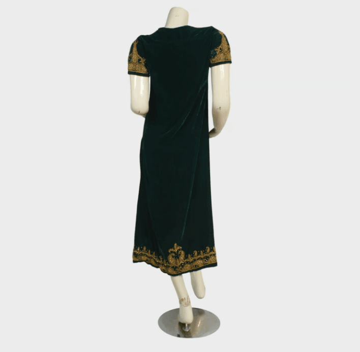 Emerald Green Velvet Dress with Golden Embroidery 3