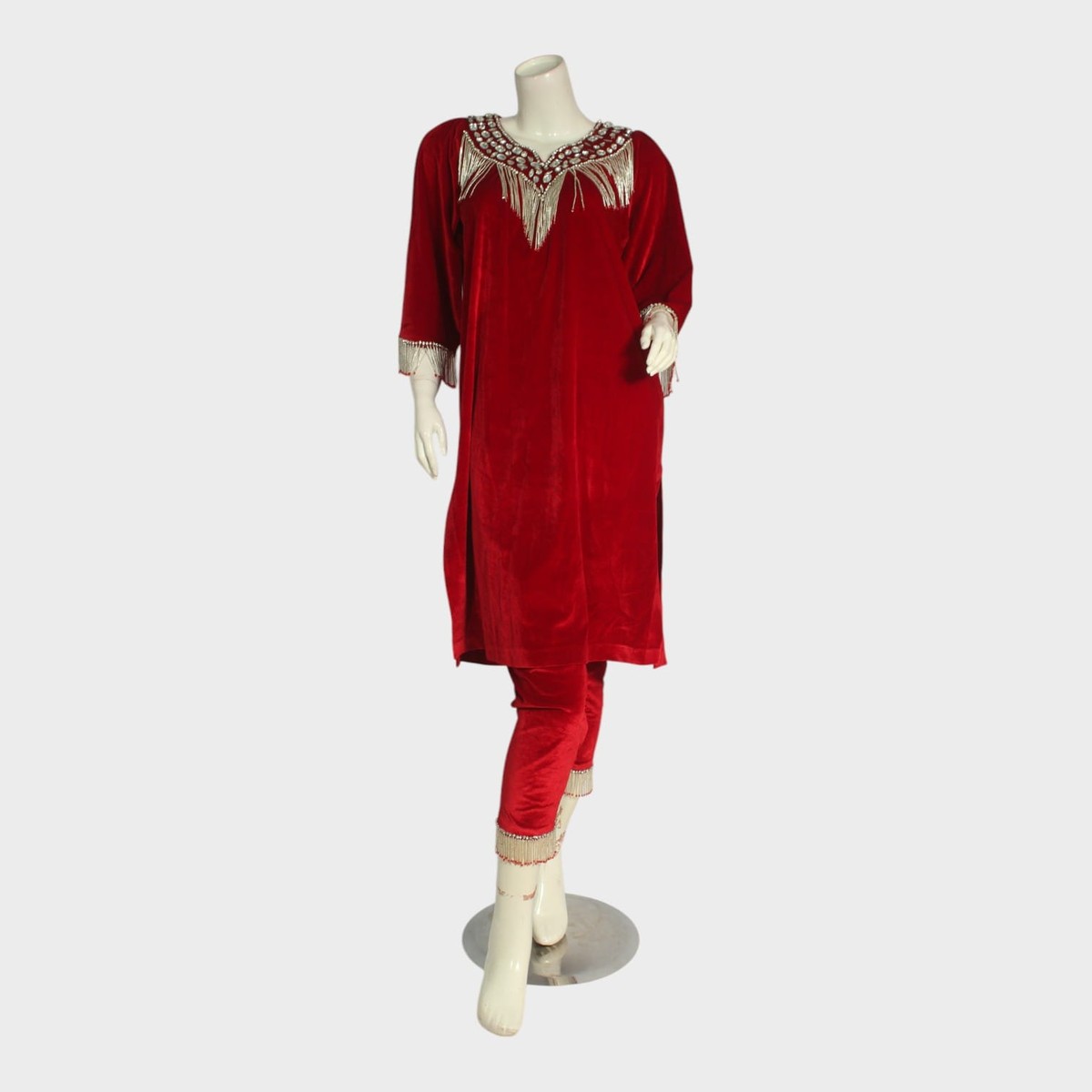 Red Afghani Velvet Kameez Set with Silver Beadwork 1