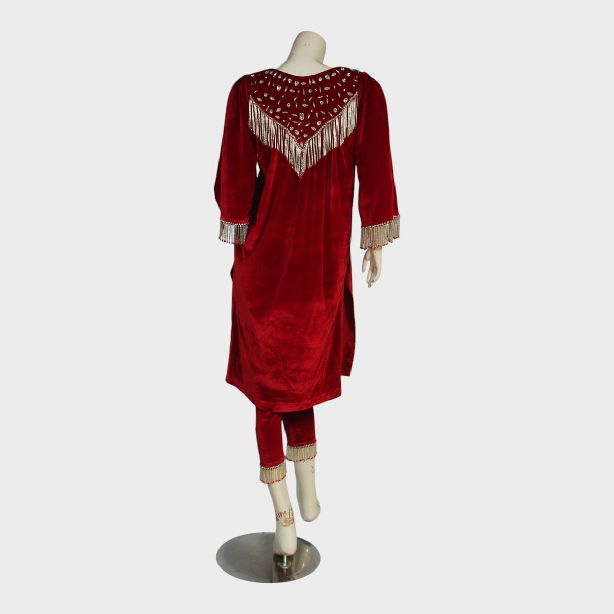 Red Afghani Velvet Kameez Set with Silver Beadwork 3