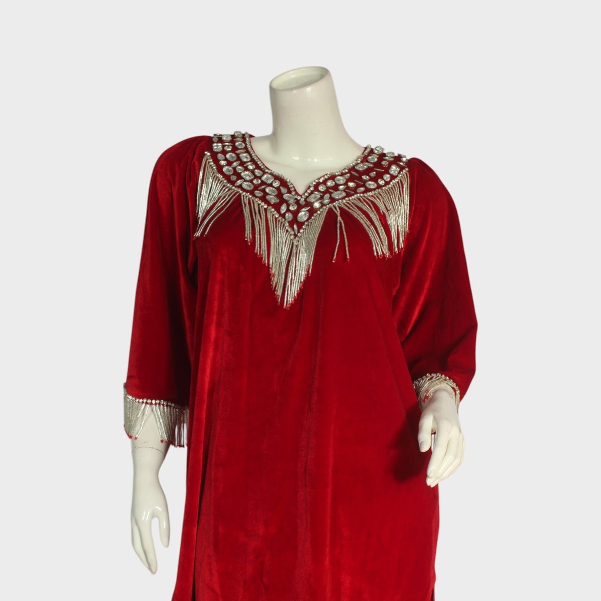 Red Afghani Velvet Kameez Set with Silver Beadwork 2