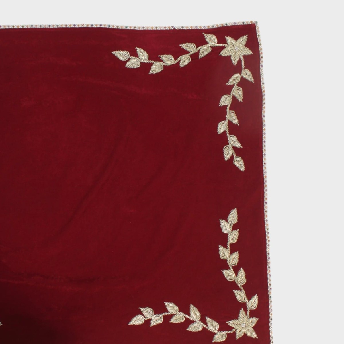 Burgundy Velvet Fabric with Golden Leaf Embroidery 2
