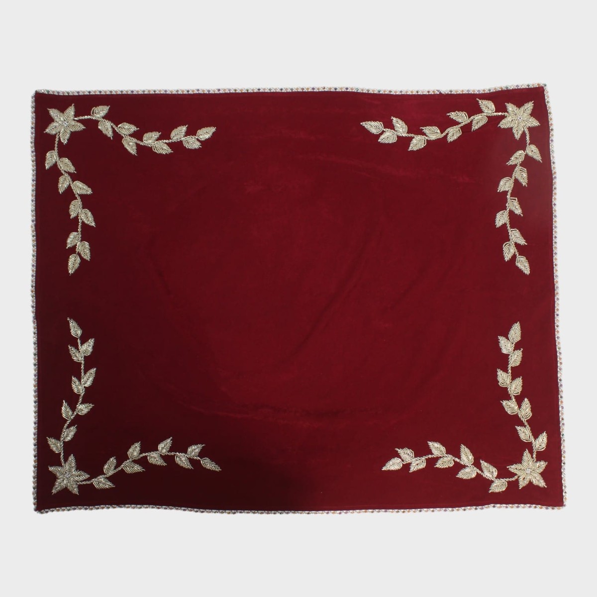 Burgundy Velvet Fabric with Golden Leaf Embroidery 1