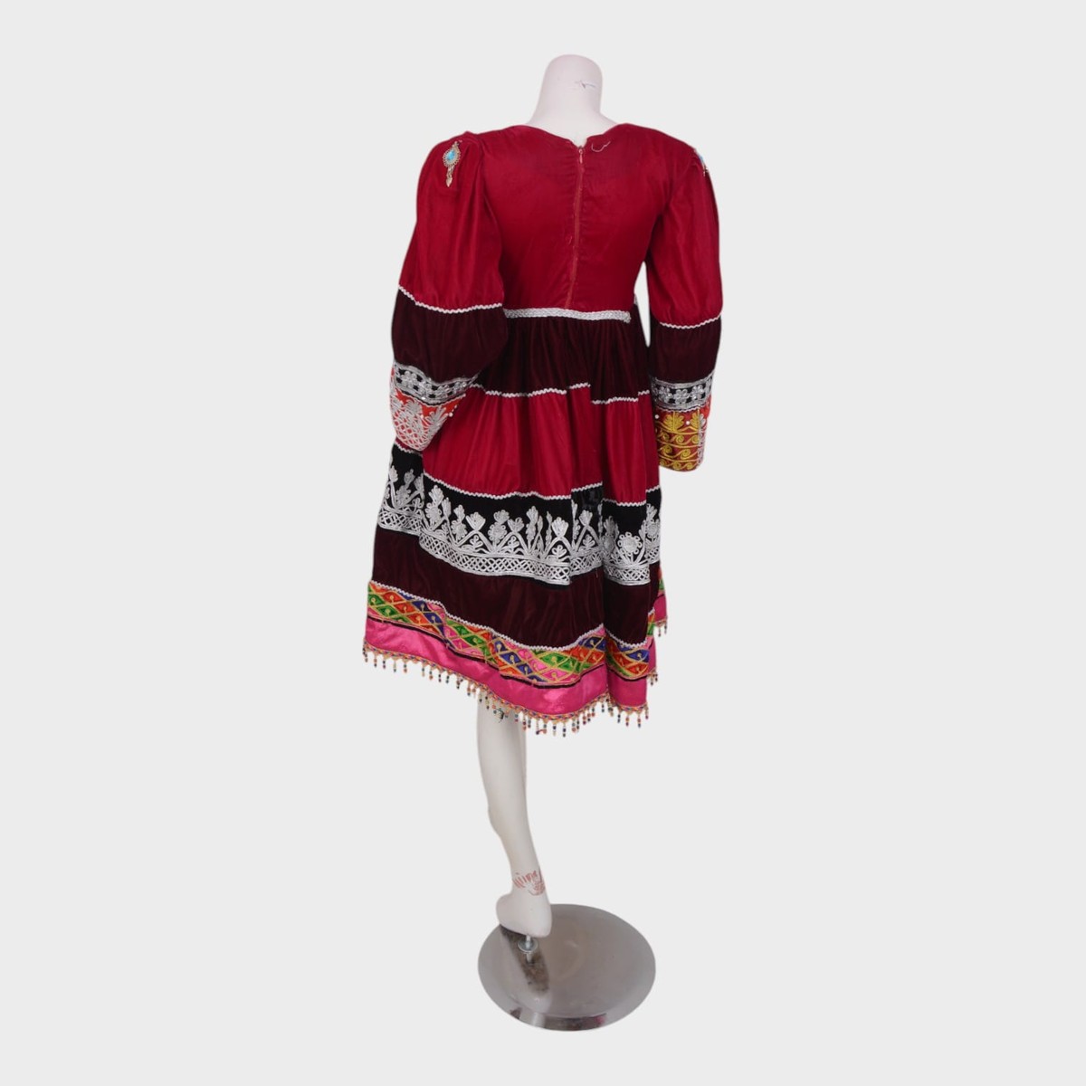 Gandi Afghani Velvet Dress with Colorful Embroidery and Tassels 4