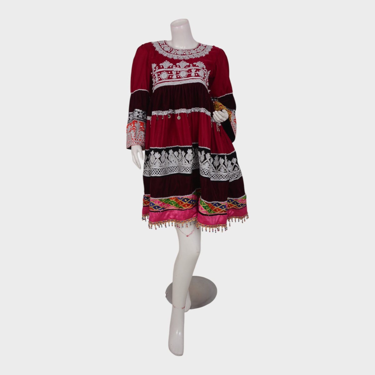 Gandi Afghani Velvet Dress with Colorful Embroidery and Tassels 2