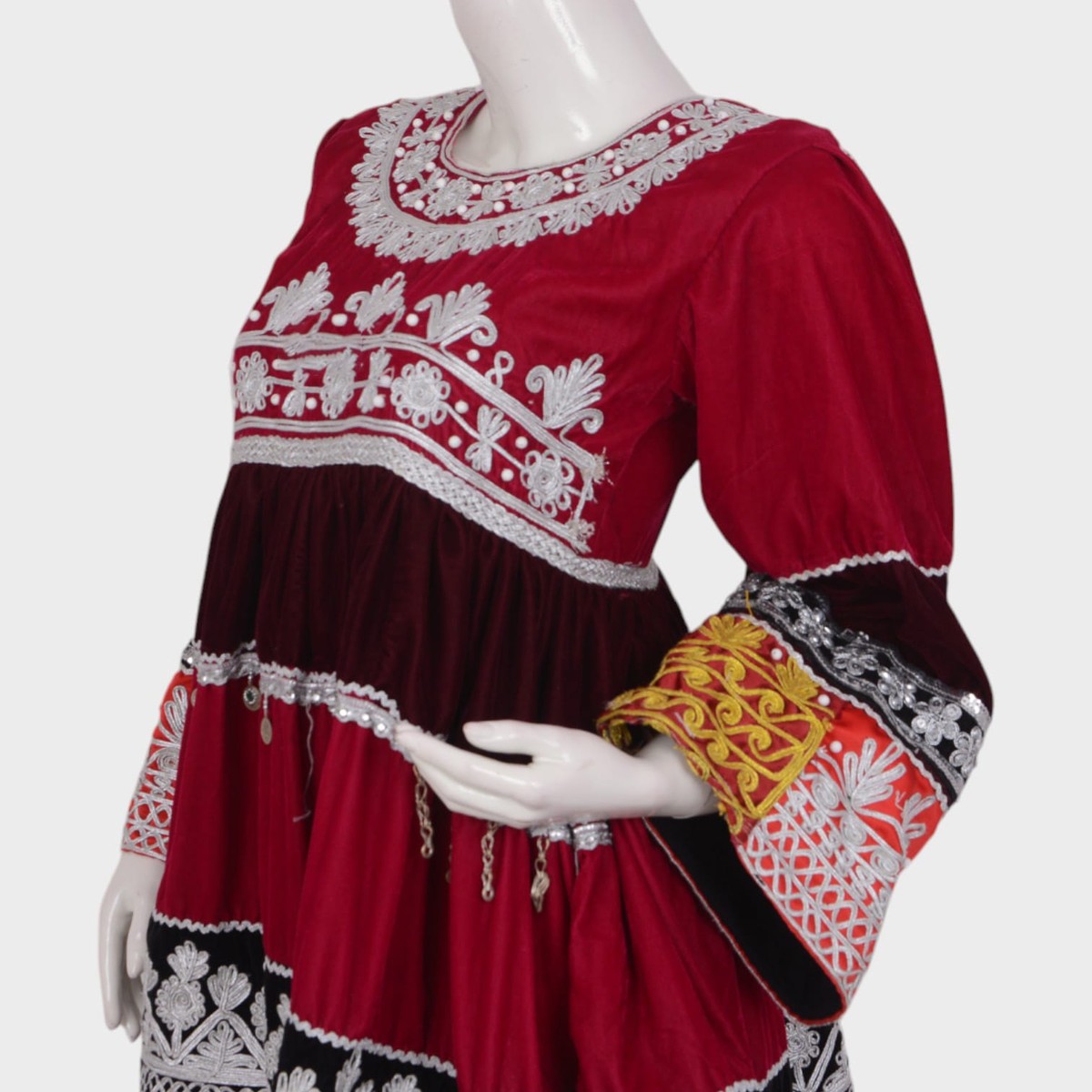 Gandi Afghani Velvet Dress with Colorful Embroidery and Tassels 1