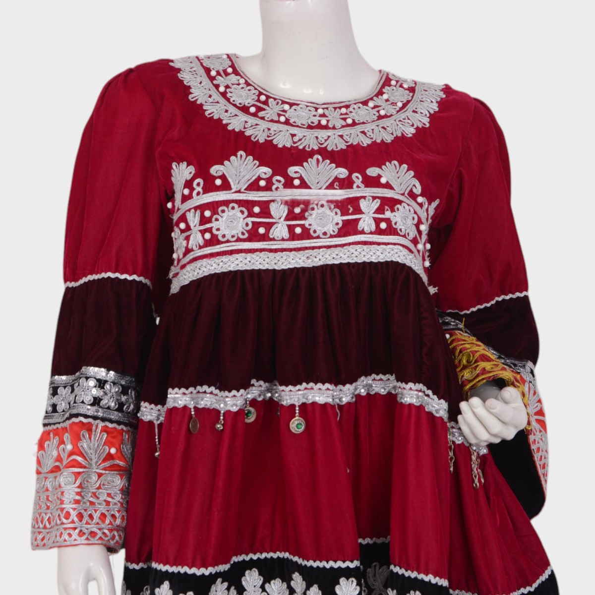 Gandi Afghani Velvet Dress with Colorful Embroidery and Tassels 3