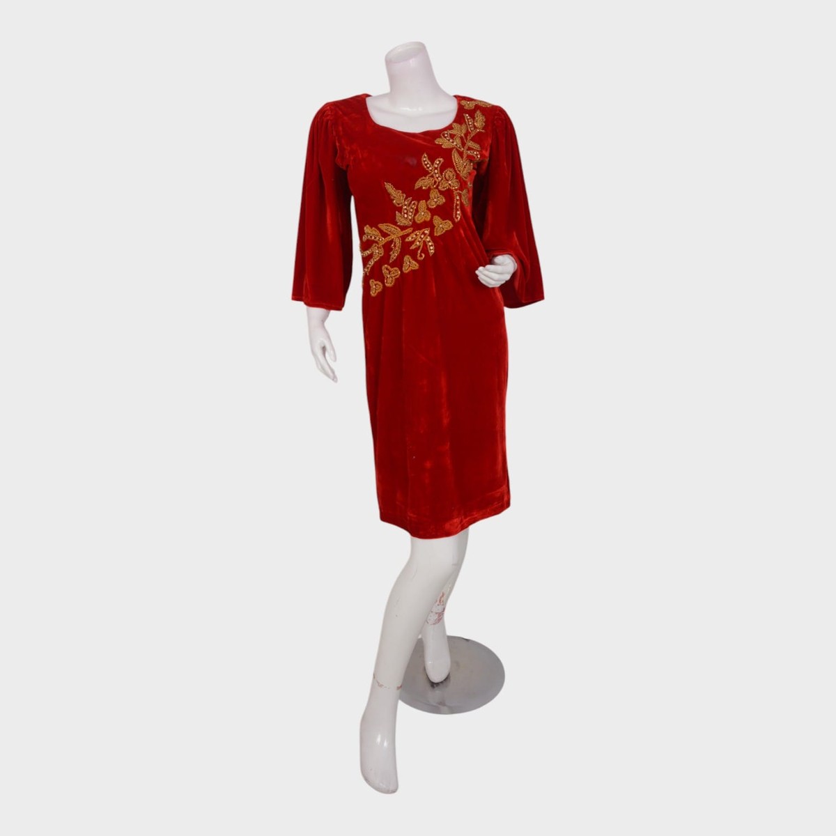 Afghani Red Velvet Dress with Gold Floral Embroidery 4