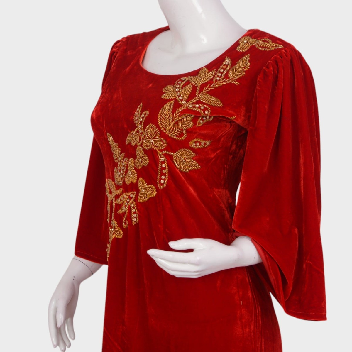 Afghani Red Velvet Dress with Gold Floral Embroidery 2