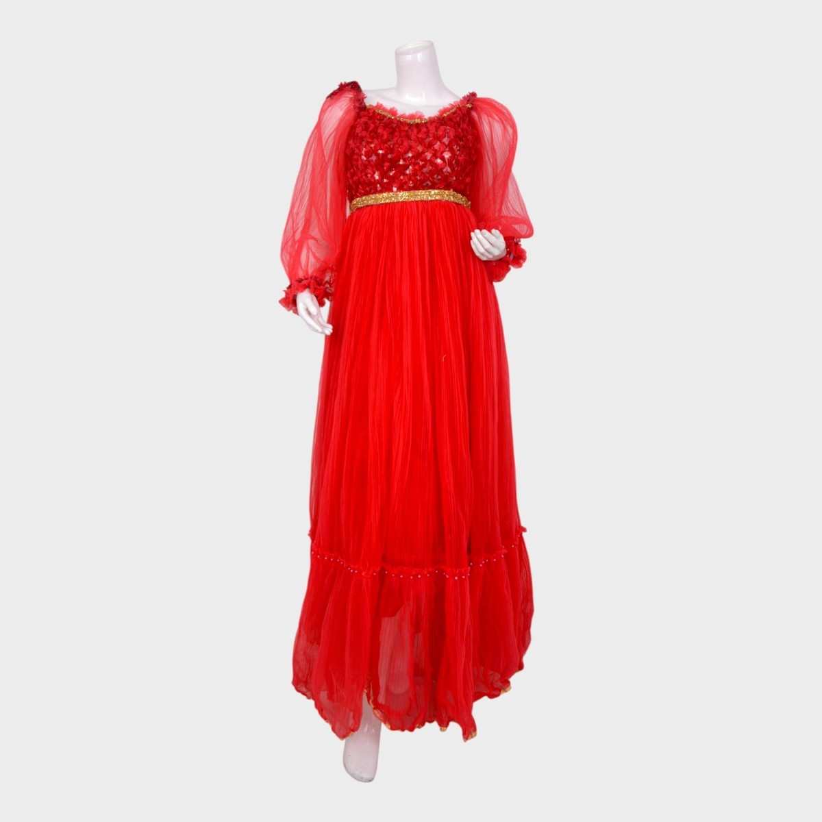 Elegant Red Afghani Gown with Embellished Bodice and Sheer Sleeves 1