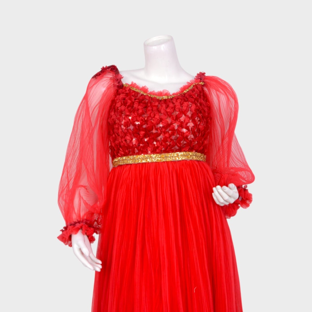 Elegant Red Afghani Gown with Embellished Bodice and Sheer Sleeves 2