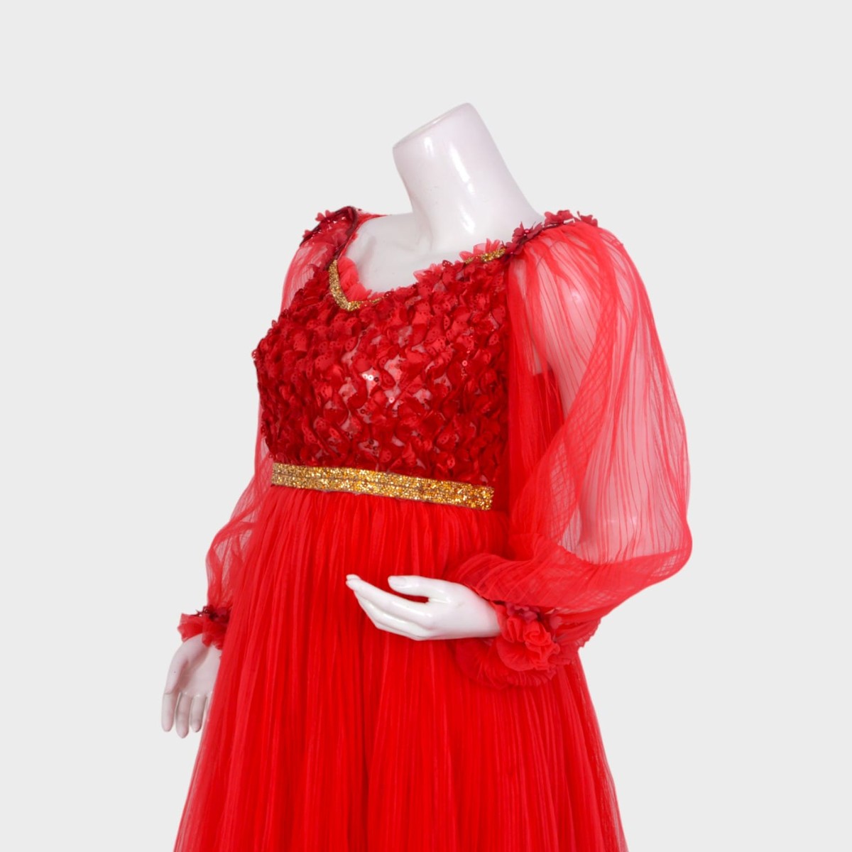 Elegant Red Afghani Gown with Embellished Bodice and Sheer Sleeves 3