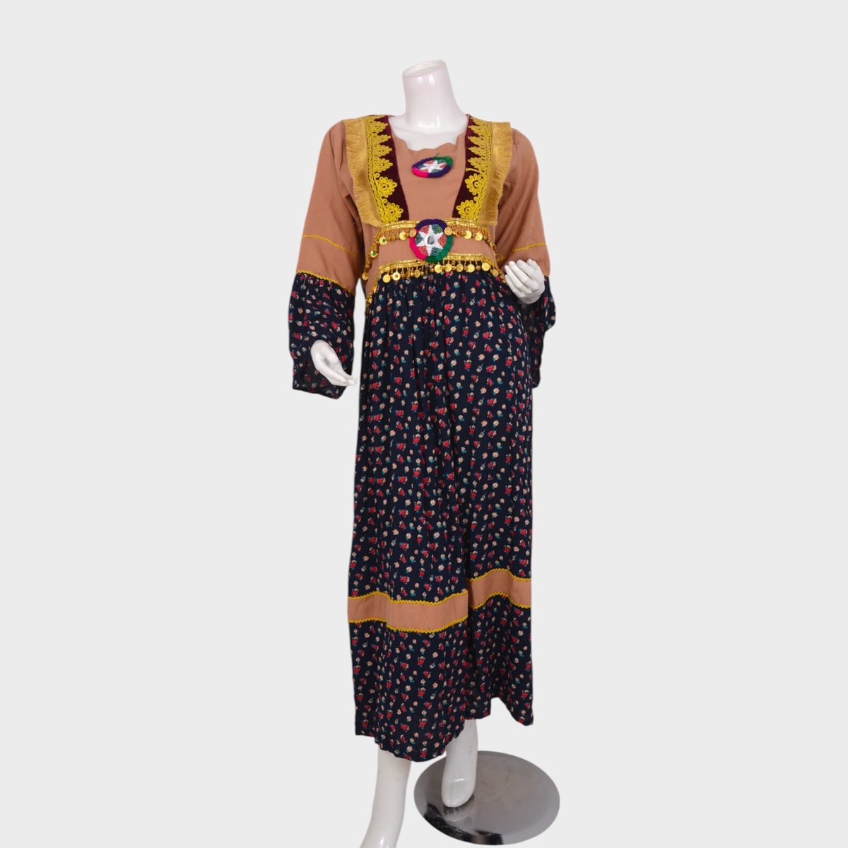 Classic Afghani Floral Dress with Embroidered Waist and Golden Trim 3
