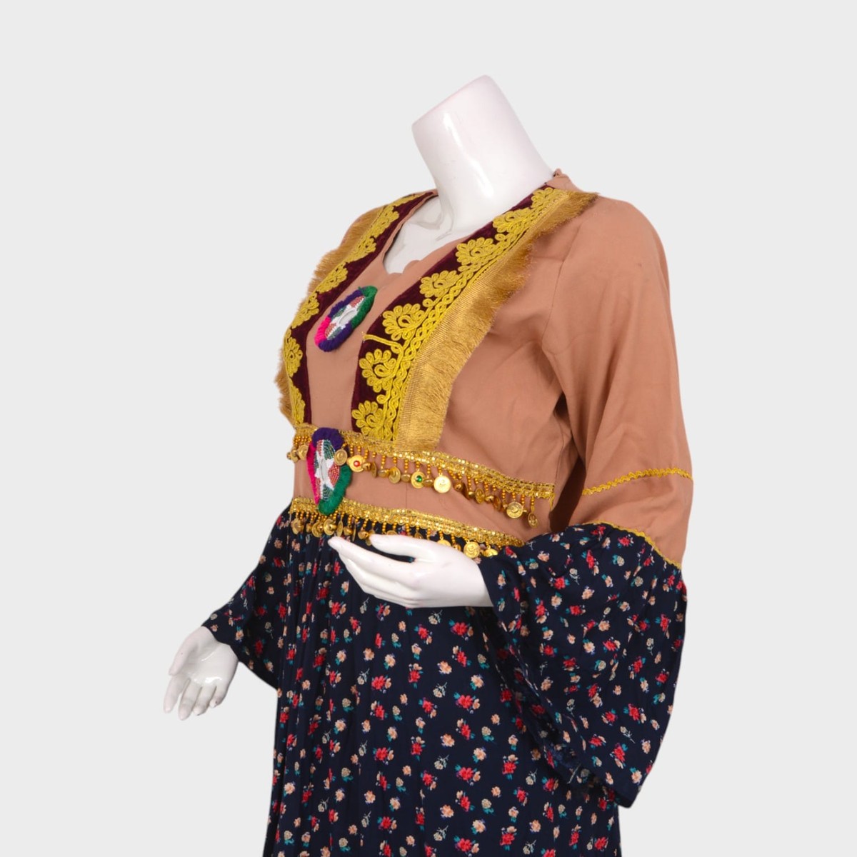 Classic Afghani Floral Dress with Embroidered Waist and Golden Trim 2