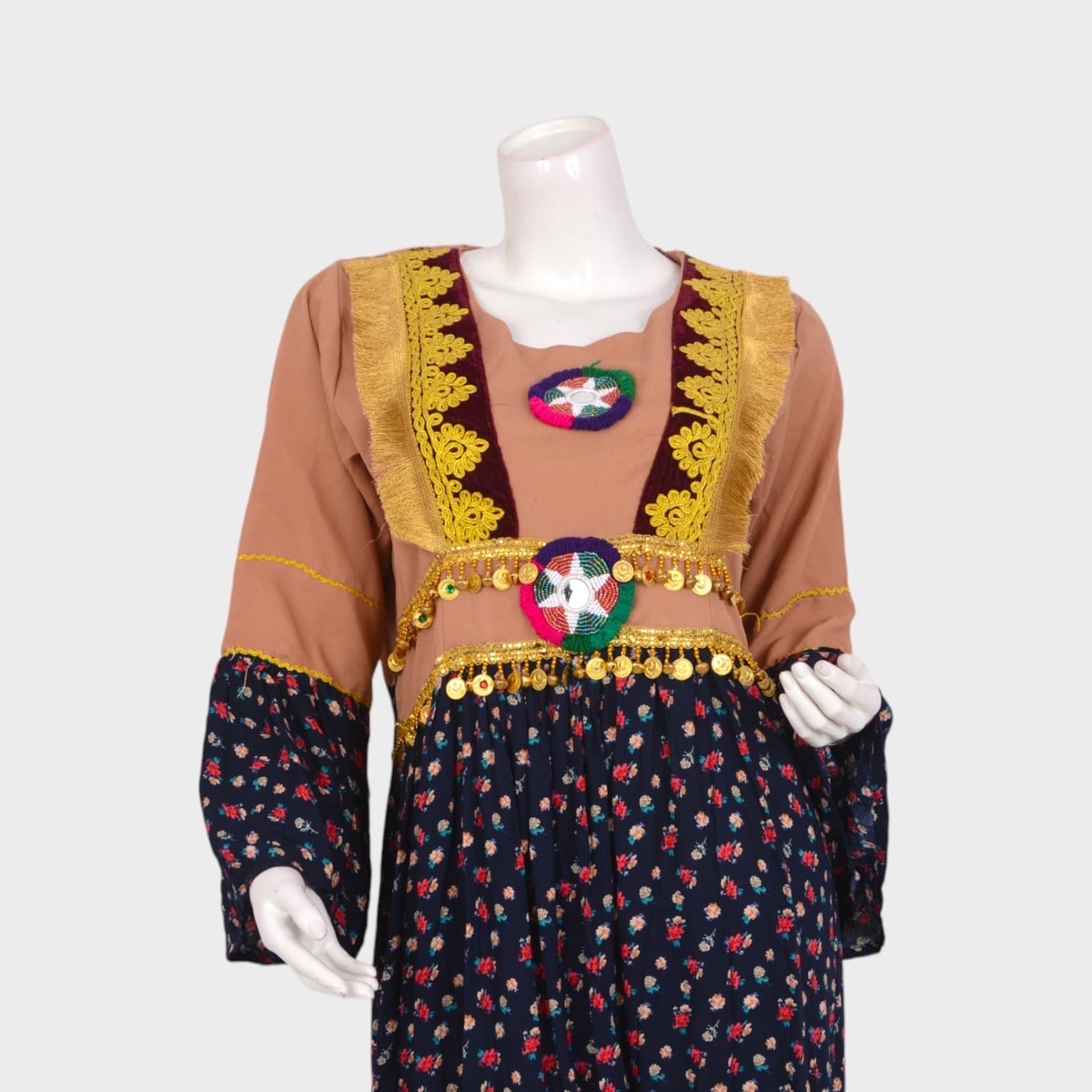 Classic Afghani Floral Dress with Embroidered Waist and Golden Trim 1