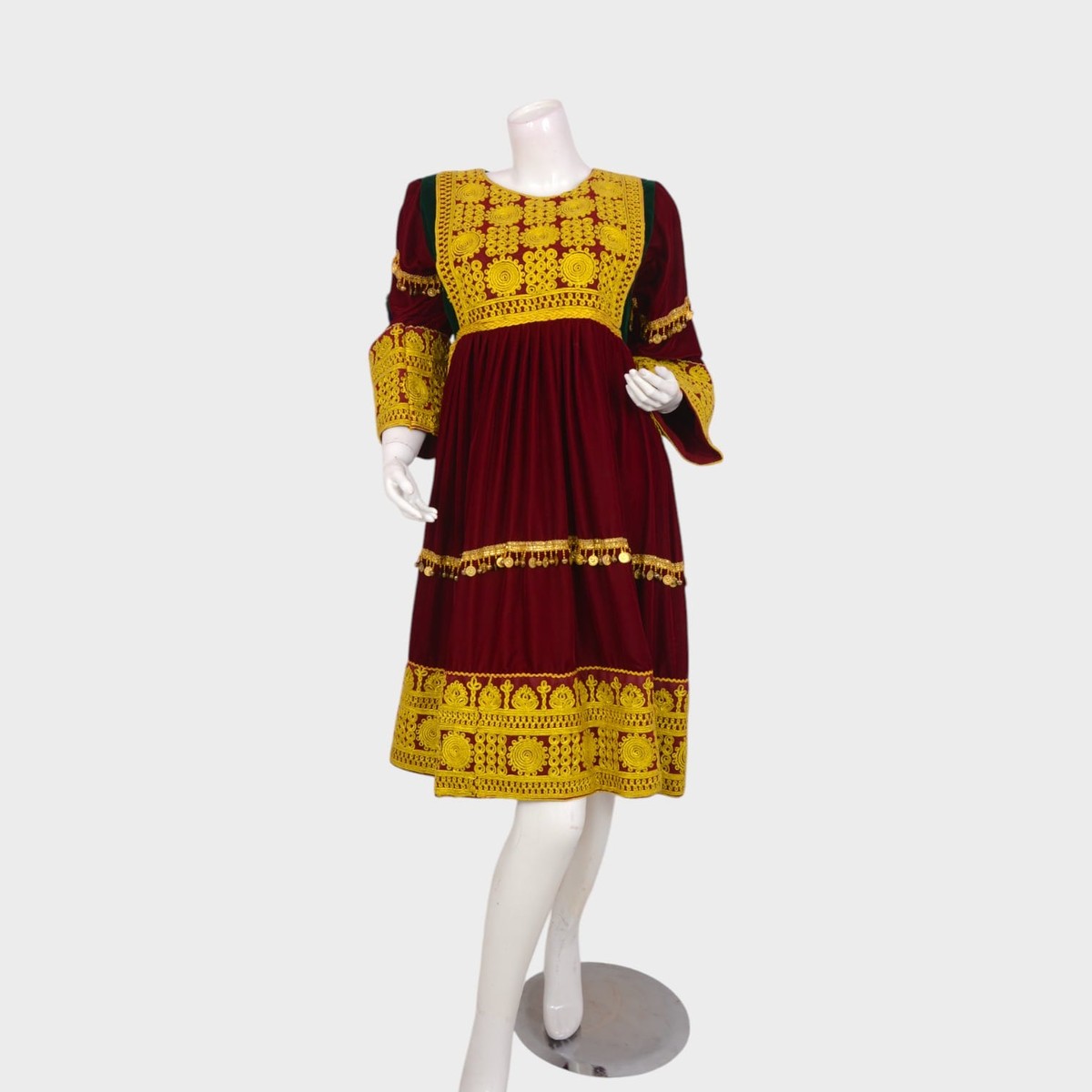 Maroon Afghani Velvet Dress with Golden Embroidered Patterns 1