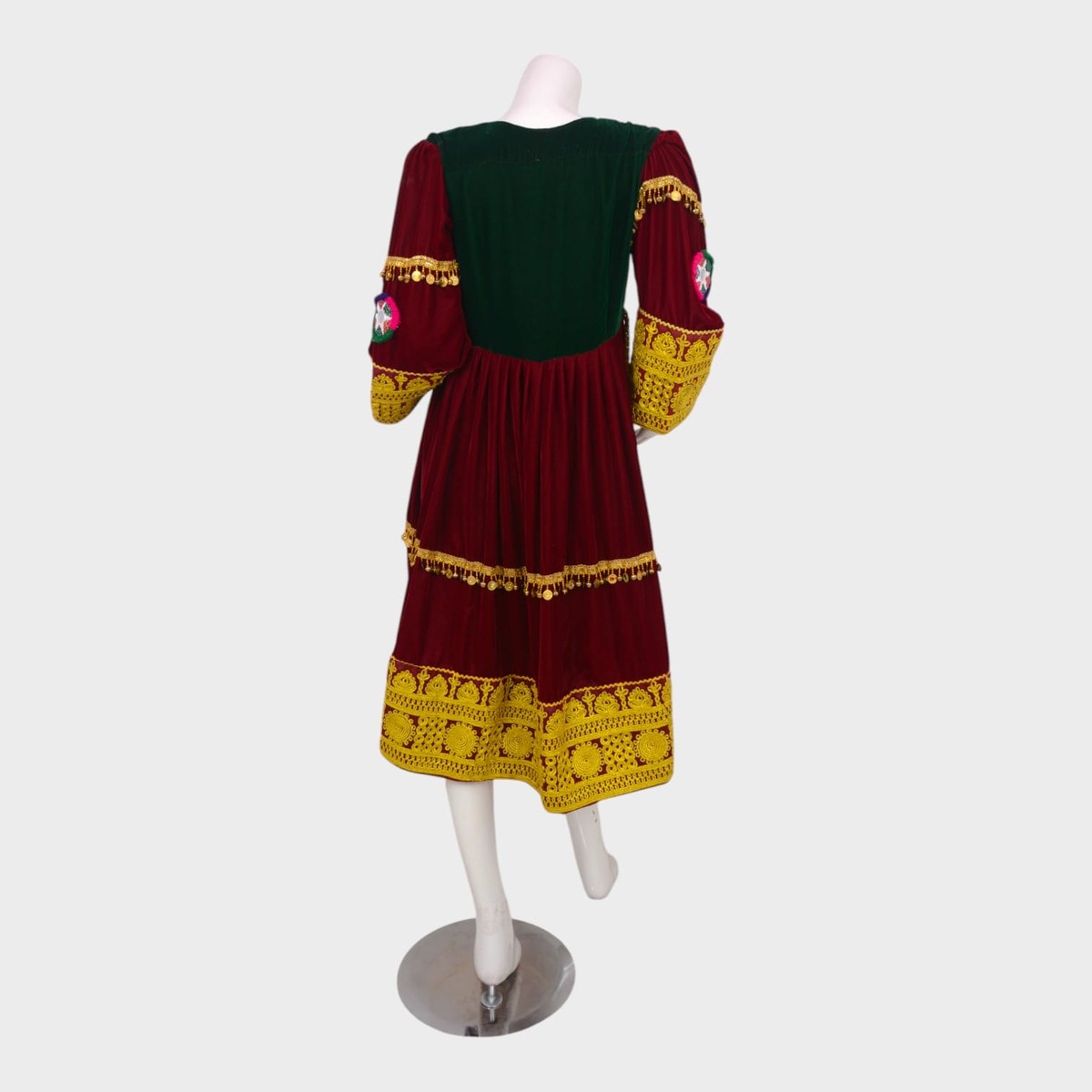 Maroon Afghani Velvet Dress with Golden Embroidered Patterns 5