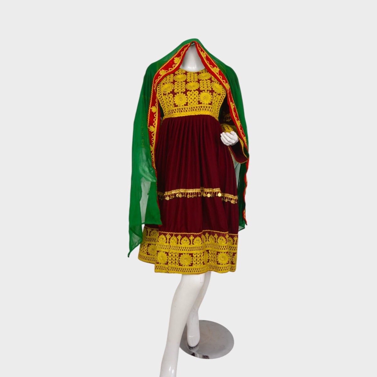 Maroon Afghani Velvet Dress with Golden Embroidered Patterns 3