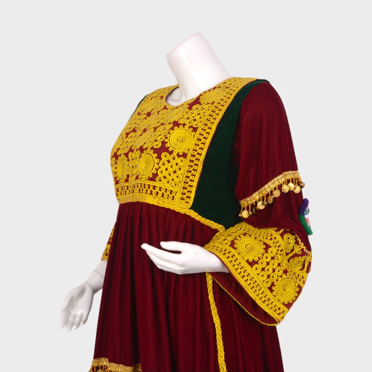 Maroon Afghani Velvet Dress with Golden Embroidered Patterns 4
