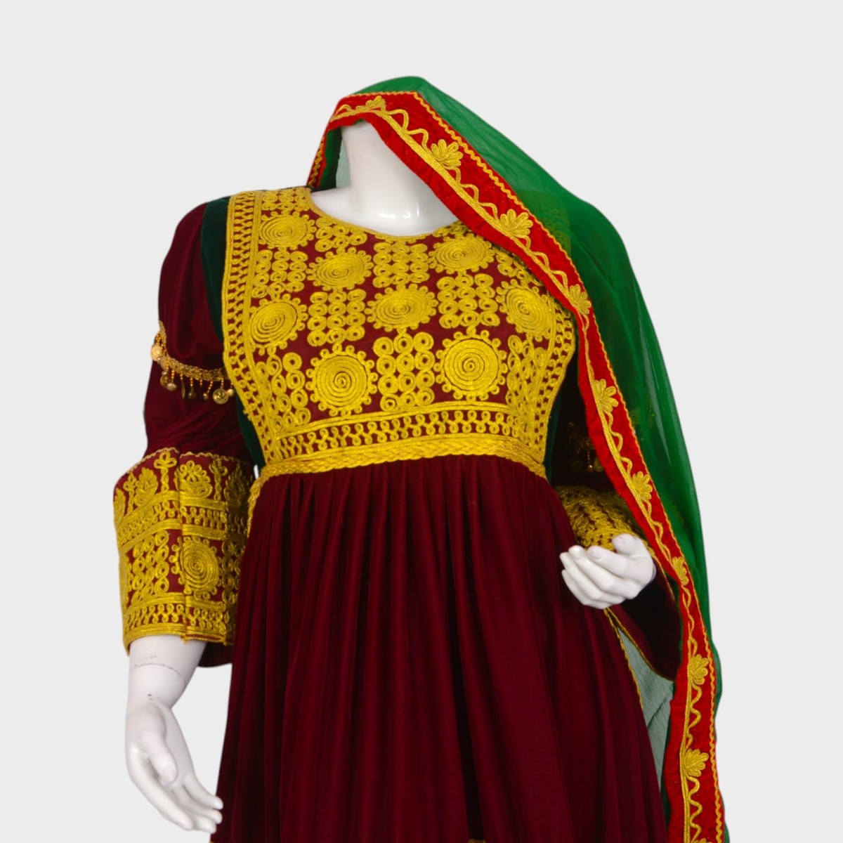 Maroon Afghani Velvet Dress with Golden Embroidered Patterns 2