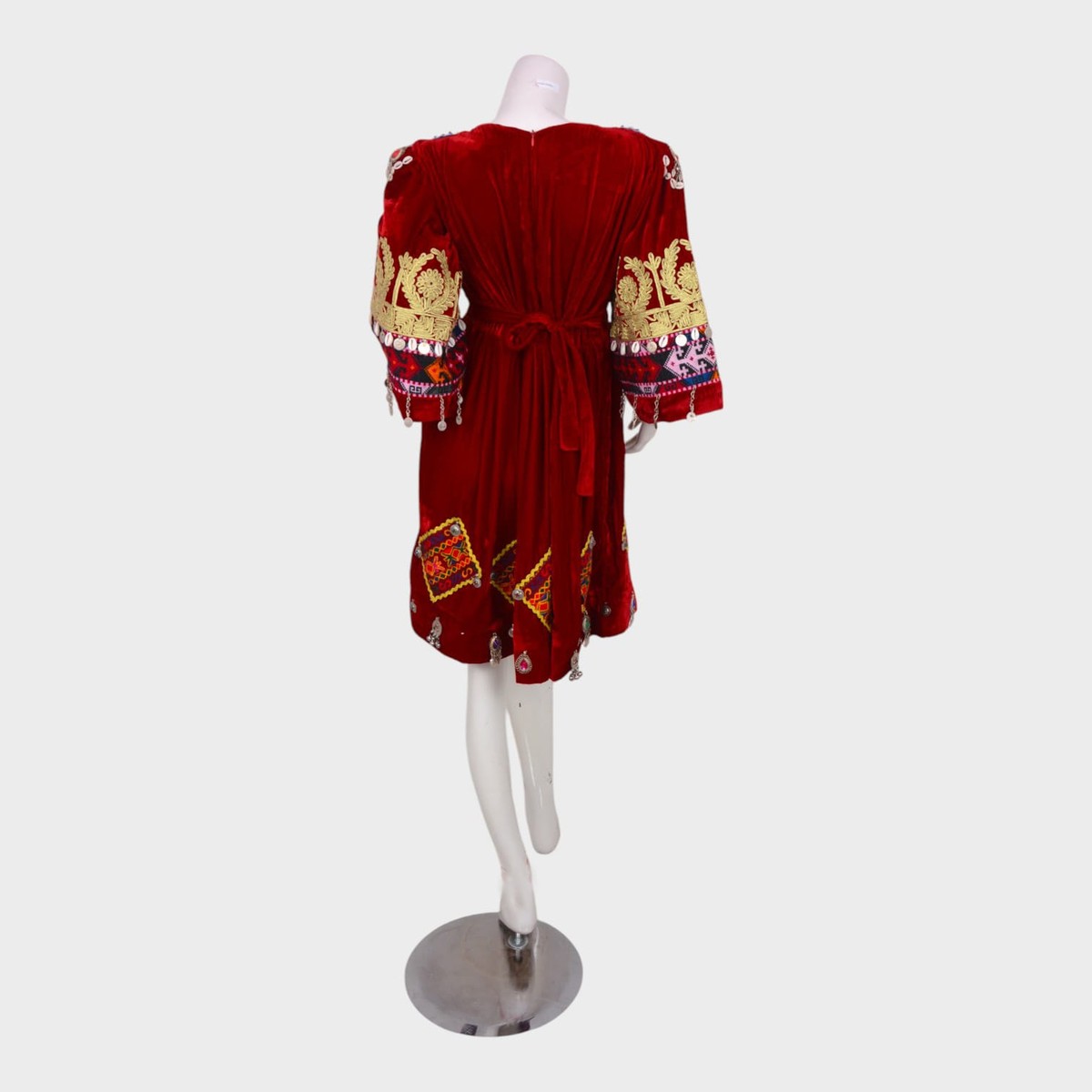 Short Red Afghani Dress with Colorful Embroidery and Coin Embellishments 4