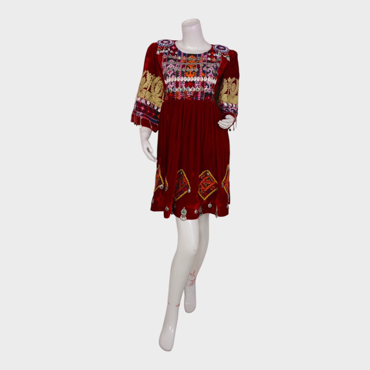 Short Red Afghani Dress with Colorful Embroidery and Coin Embellishments 1