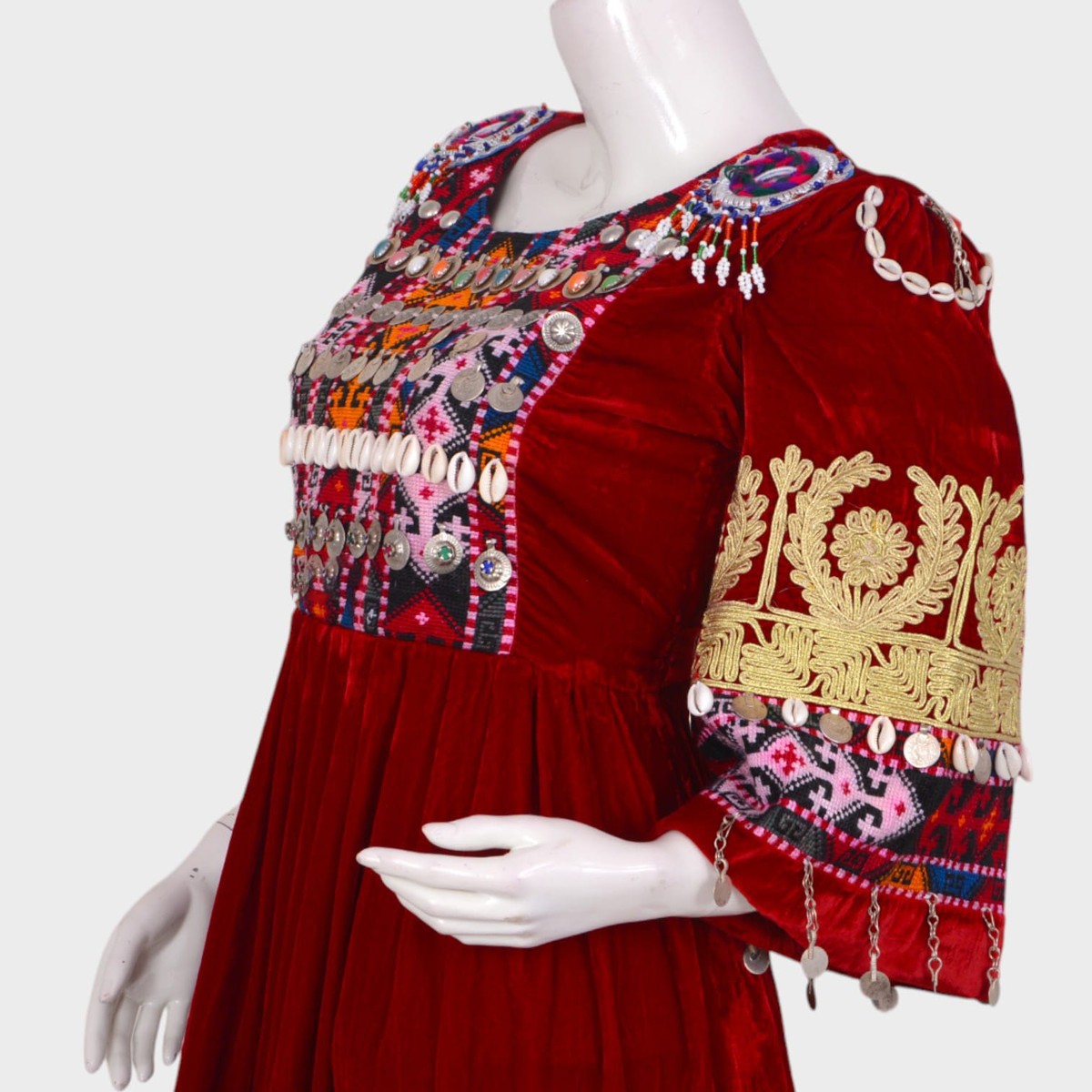 Short Red Afghani Dress with Colorful Embroidery and Coin Embellishments 3