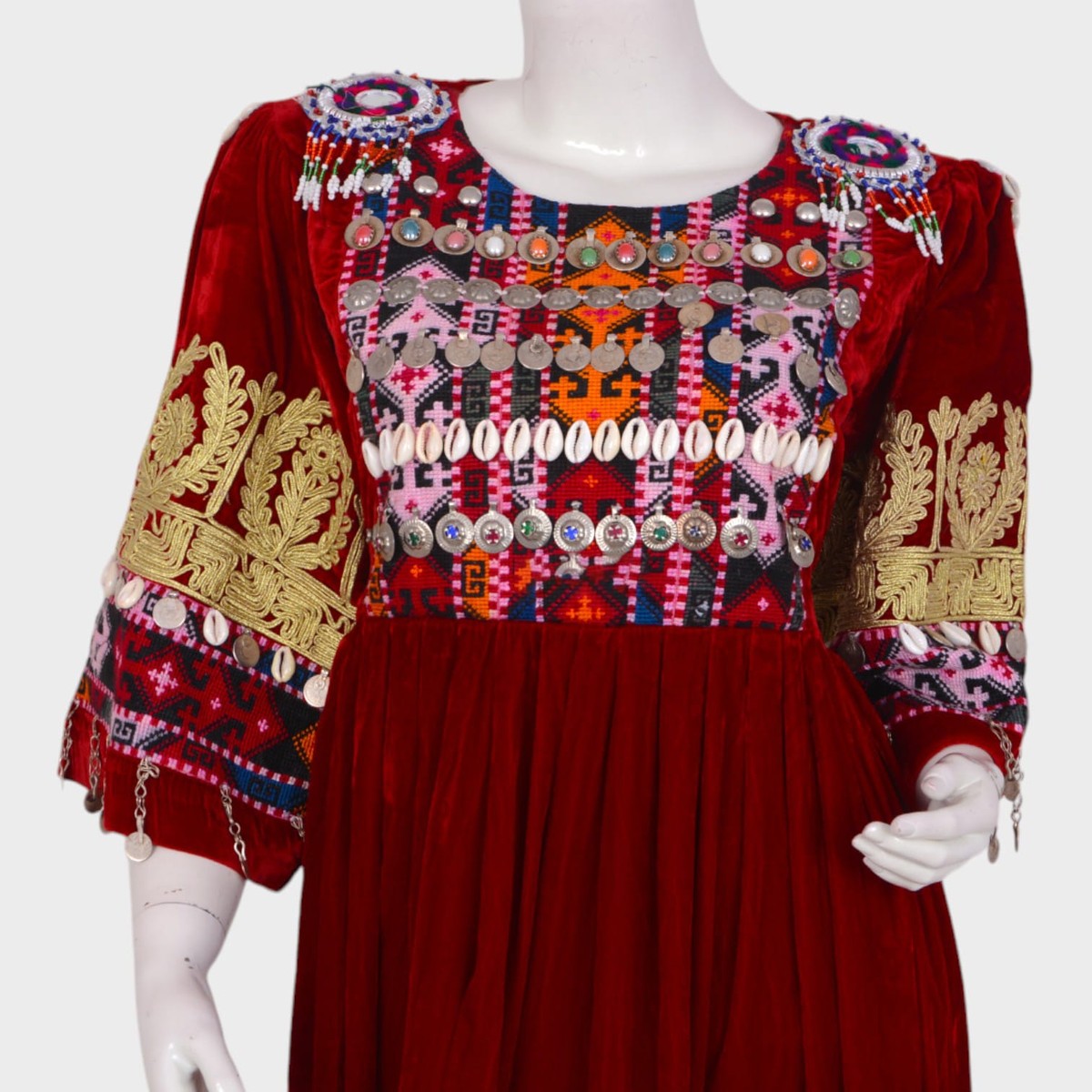 Short Red Afghani Dress with Colorful Embroidery and Coin Embellishments 2