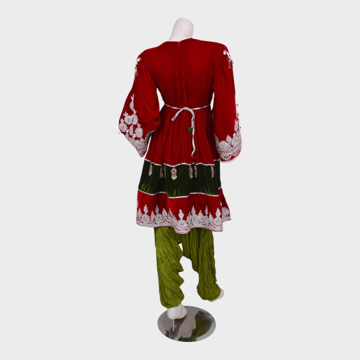 Red & Green Traditional Afghani Dress Set with Embroidery and Coin Detailing 4