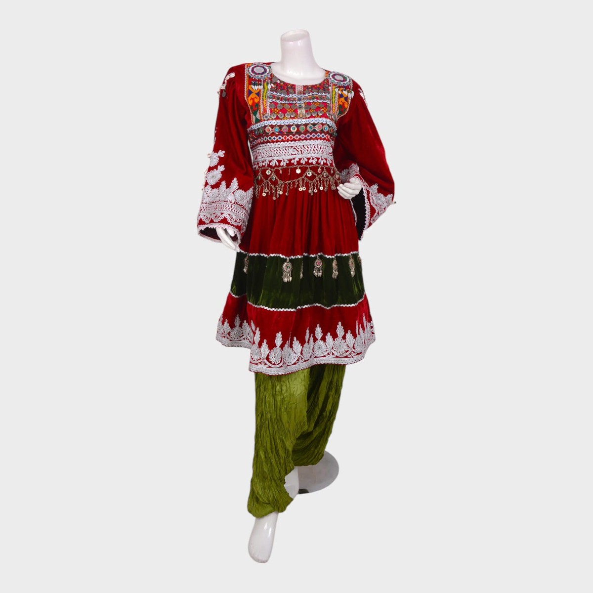 Red & Green Traditional Afghani Dress Set with Embroidery and Coin Detailing 2